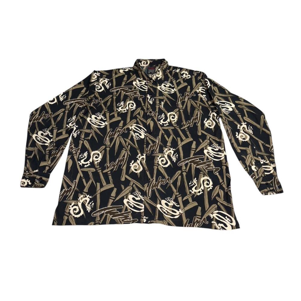 Big & Tall 1X Vintage FUBU Black brown dragon print tribal button up shirt